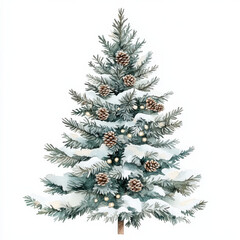 Fototapeta premium beautifully illustrated Christmas tree adorned with snow, pinecones, and ornaments, evoking festive and cozy atmosphere. Perfect for holiday themes