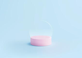 Minimalist 3D Pink Cylinder Platform with Transparent Circle on Blue Background for Product Display or Mockup in Modern Showcase
