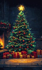 Fototapeta premium cozy and inviting Christmas living room featuring a beautifully decorated Christmas tree, a warm fireplace, and presents wrapped in festive paper