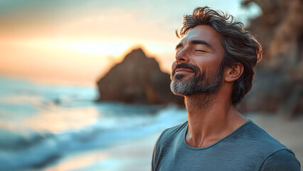 Portrait of a man taking deep breath fresh air on the beach with copy space. Relaxation and well-being concept	