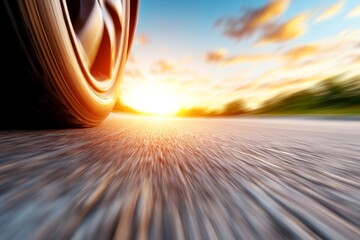 A close up of a car tire on a road at sunset