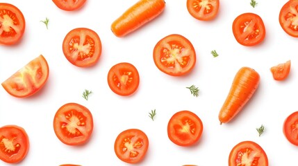 Fototapeta premium A pattern of sliced tomatoes and carrots arranged on a white background.
