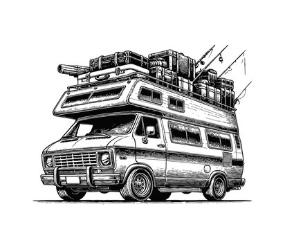recommend clip art: camper van loaded with luggage and travel gear on its roof engraving black and white outline