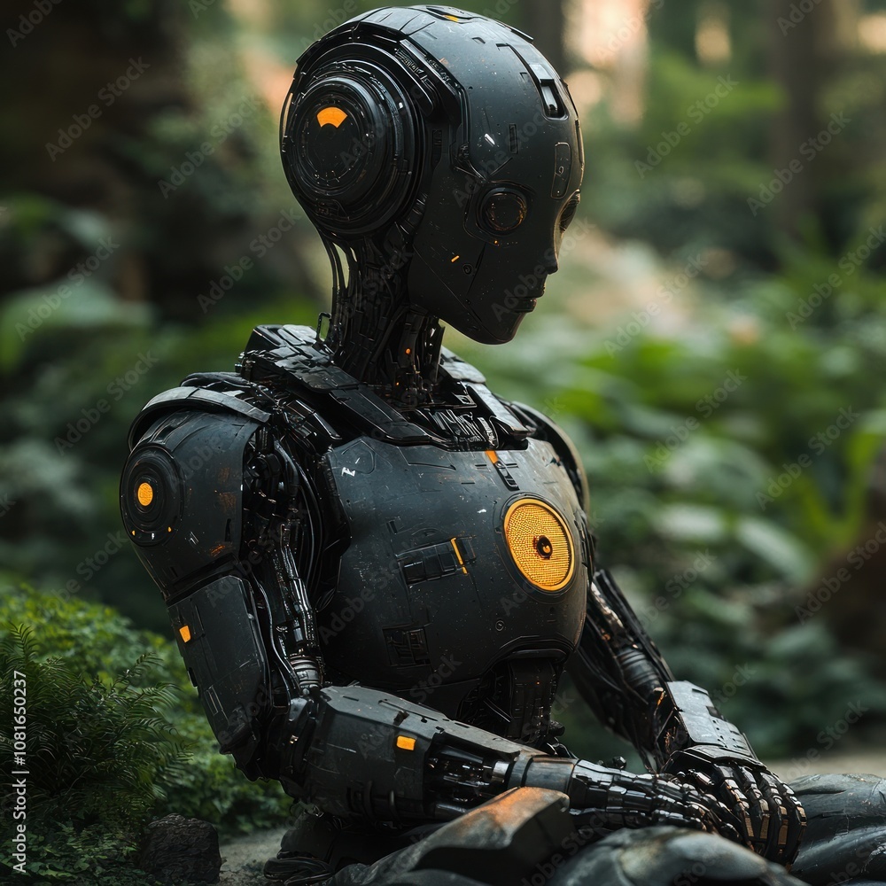 Poster a humanoid robot sits in a contemplative pose in a lush forest setting.
