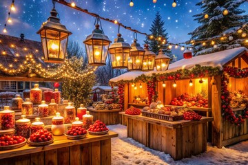 Obraz premium Festive Holiday Market Scene Under a Starry Night Sky with Twinkling Lights and Cheerful Atmosphere