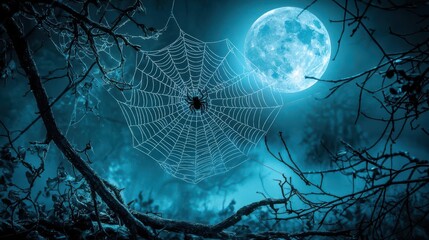 A captivating spider web glistens under the full moon in a mystical forest setting