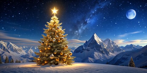 Golden Ornament Adorned Christmas Tree Under a Starry Night Sky Creating a Festive Atmosphere