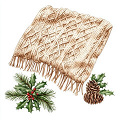 Cozy knitted blanket with festive holly and pinecones, perfect for winter. This warm accessory adds touch of holiday spirit to any setting