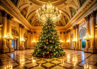 Majestic Christmas Tree Adorned with Ornaments and Candles Standing Tall in a Festive Atmosphere