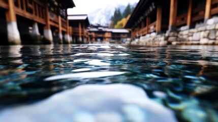A view of a river with buildings in the background