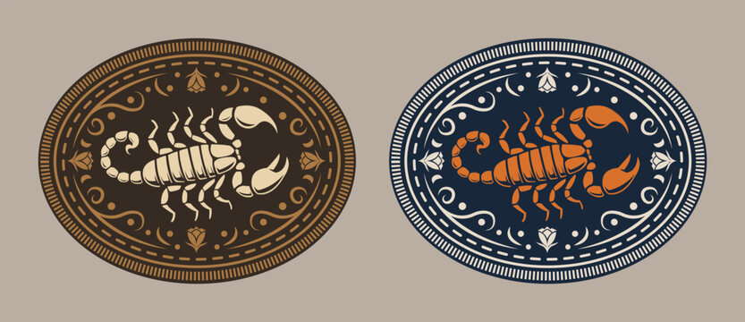 Scorpion Label belt buckle old west cowboy style tag design stylized silhouette