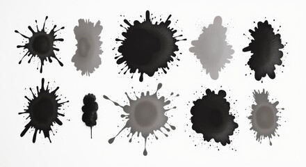 Black and Gray Ink Splatter Collection Illustration with Various Drip Patterns for Artistic and Creative Designs