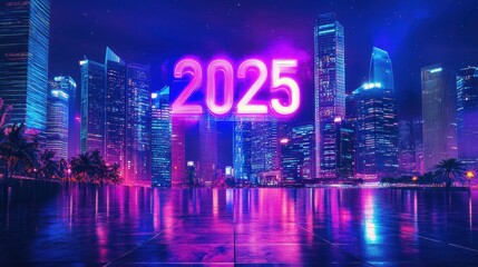 A Vibrant Futuristic City Skyline Illuminated at Night with Neon Lights and 2025 Digit, Showcasing Modern Architecture and a Stunning Urban Landscape