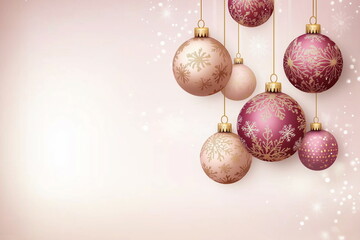 Fototapeta premium Christmas background with copy space with Christmas balls with snowflake pattern hanging on gold thread. Isolated on light pink background.