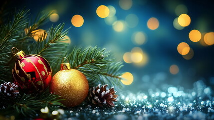 Close-up of two Christmas balls with pine cones between pine branches. Dark night background with blurred lights and bokeh effect. Christmas, xmas, winter, season, new year, year end, holiday, Event.