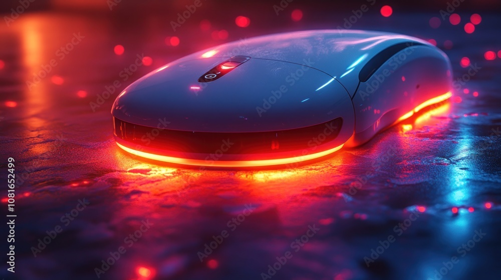 Poster a futuristic robotic device with glowing edges on a reflective surface.