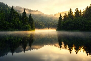 Fototapeta premium Serene reflection at dawn misty lake nature photography forested landscape tranquil viewpoint peaceful atmosphere