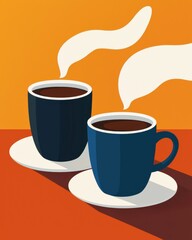 Two steaming coffee cups sit on a vibrant table, surrounded by warm colors, evoking a cozy atmosphere perfect for socializing or relaxation.