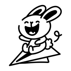 Bunny ridding on a paper plane, doodle style icon 

