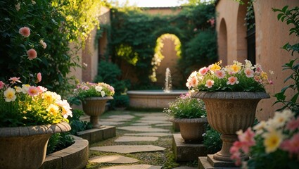 Fototapeta premium Sunlit Garden Courtyard with Blooming Flowers