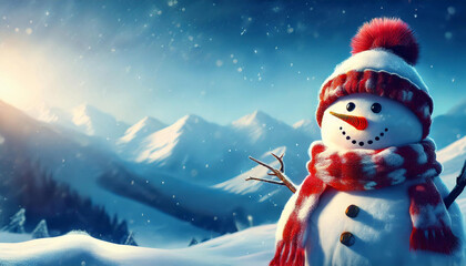 Cute snowman in the snow covered mountains in winter, with beautiful clouds in the blue sky. Christmas atmosphere.