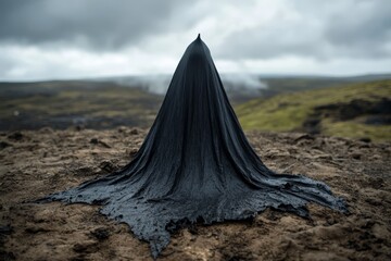 A black lava flow in the middle of a field