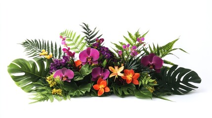 Obraz premium A vibrant tropical flower arrangement with pink orchids, orange lilies, and lush green foliage.