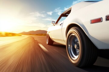 Car racing action open road automotive photography sunset environment dynamic viewpoint speed concept