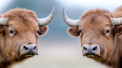 A close up of two brown cows with long horns