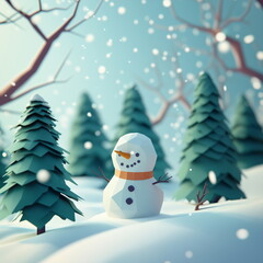 A one snowman standing on a snowy winter forest with snow falling. Low poly style winter landscape. Geometric, simple polygonal shape icons, graphic design, illustration, miniature, 3D icons.