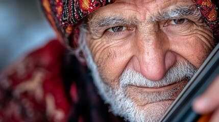 A close up of a man with a white beard and a red turban