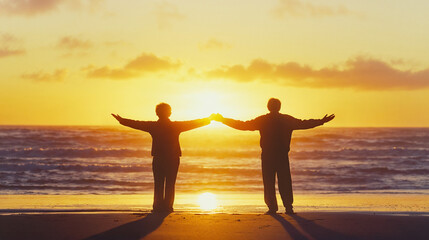 Fototapeta premium Senior couple enjoying a tranquil beach sunset, symbolizing peace and companionship