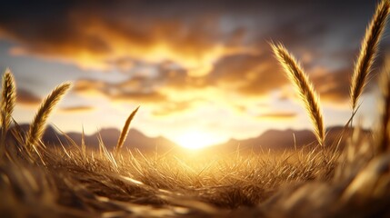 A field of ripe wheat with the sun setting in the background
