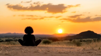 A person sitting in the middle of a field watching the sun set