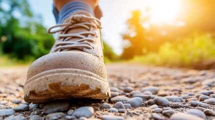 A person walking on a gravel road with a pair of shoes