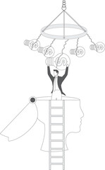 Finance Ideas Concept, bizarre businessman with open head catching the idea light bulb with dollar sign