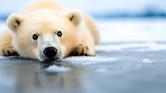 A polar bear laying on top of an ice floer