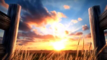 Fototapeta premium A wooden fence in the middle of a field of wheat at sunset
