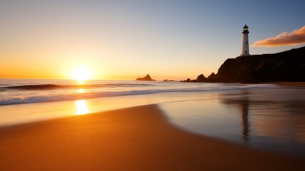 Fototapeta premium A lighthouse on a beach at sunset with the sun setting behind it