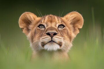 Fototapeta premium A close up of a lion cub in the grass