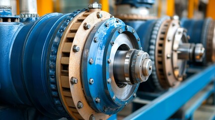 Fototapeta premium Close-up of Industrial Machinery with Rotating Gears and Blue Cylinders