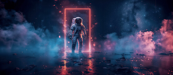 Astronaut discovery cosmic portal digital art nebula environment dramatic perspective exploration concept