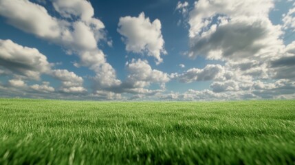 Fototapeta premium A field of green grass under a blue sky with white clouds