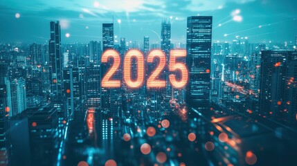 Fototapeta premium Glowing Skyline of a Futuristic High-Tech City at Night with 2025 Displayed Prominently in Bright Neon against Urban Landscape
