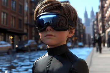 Futuristic Child in City Goggles Boy Urban Sci fi Technology Street Modern Young Future Cyberpunk