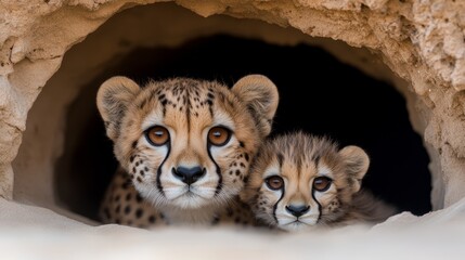 Obraz premium Two cheetah cubs peeking out of a hole in the sand
