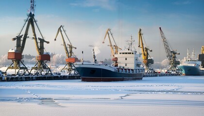 Fototapeta premium Ships and cranes in winter shipping port covered with ice and snow