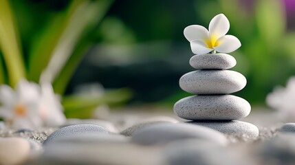 Fototapeta premium A white flower sitting on top of a pile of pebbles
