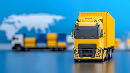 Yellow Semi Truck with Trailer on Blue Background Global Logistics Shipping Delivery Cargo