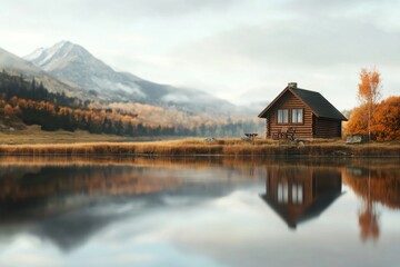 Fototapeta premium Serene cabin retreat mountain lake landscape photography autumn colors tranquil view nature escape